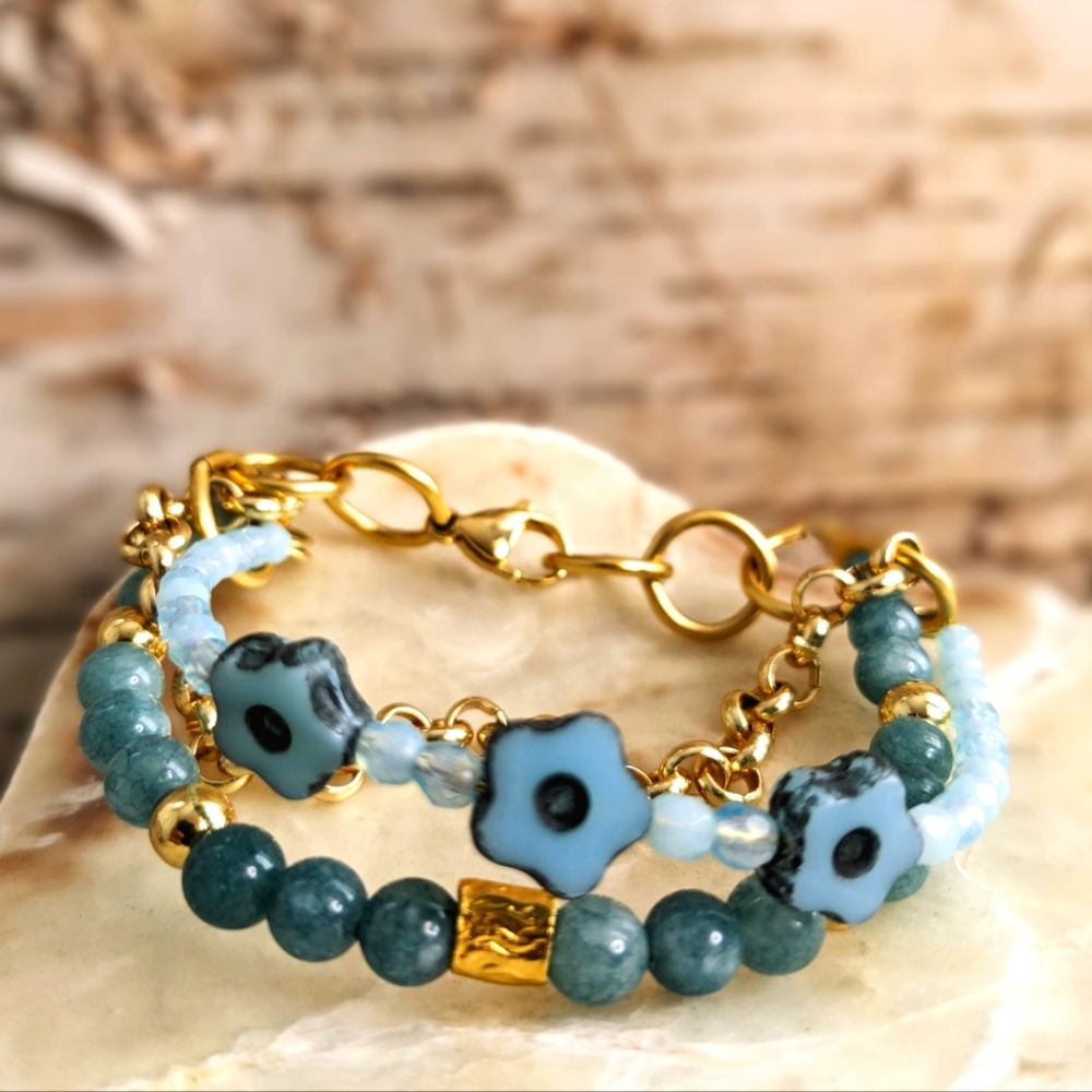 Blue Aquamarine & Blue Glass Flowers In Rolo Three Strand Bracelet